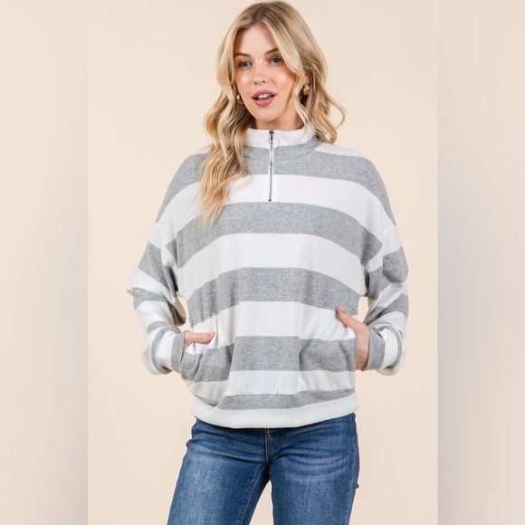 bombom Tops - BOMBOM Striped Quarter Zip Drop Shoulder Sweatshirt
